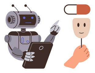 Robot interacting with tablet and pointing, hand holding a mask with a smiling face, red and white capsule hovering. Ideal for AI, healthcare, technology, mental health, innovation, ethics emotions