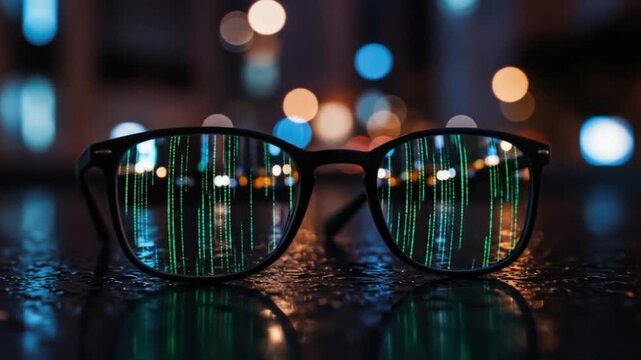 Eyeglasses reflecting digital data streams and bokeh lights abstract technology concept