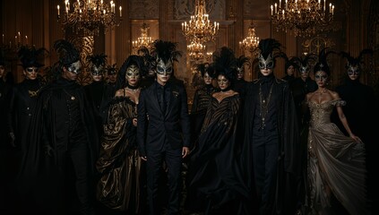 Naklejka premium Elegant Halloween Masquerade Ball with Gothic Masks and Candlelit Luxury , Halloween fashion , luxury fashion , royal ball costumes party image illustration photo
