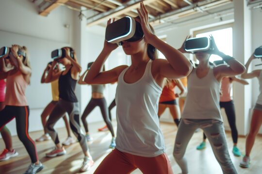 Group of women exercising using virtual reality headsets