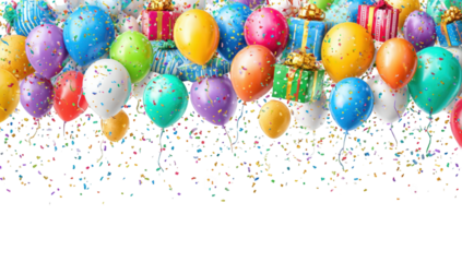 Colorful balloons and confetti with gifts