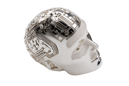 A metallic head, profile view, with intricate circuit board patterns on the surface