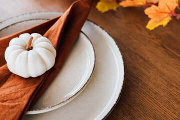 Elegant fall table setting with decorative pumpkin and autumn leaves on wooden surface