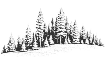 Pine Forest Landscape in Engraving Style with Black and White Vector Illustration