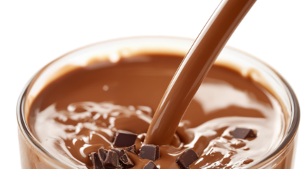 A glass of chocolate milk with chocolate chips in it