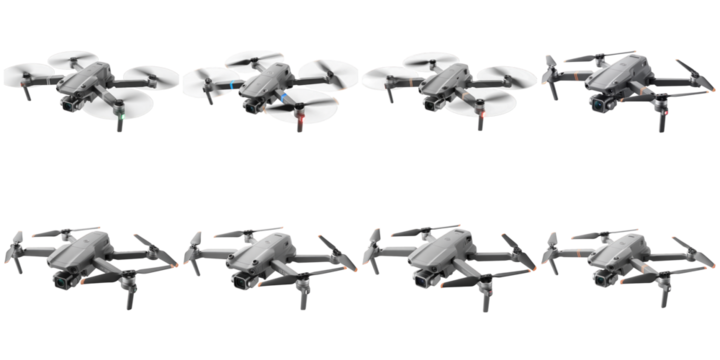 Gray drones with propellers and cameras isolated on a transparent background aerial photography