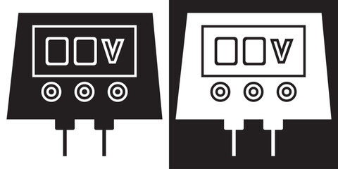 Digital voltage meter line and inverse icon. Minimalist illustration of a digital voltage meter device, showing both light and dark theme line art for technical or educational use.


