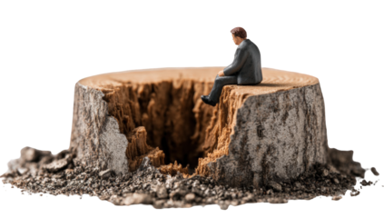 Miniature businessman sits atop a fractured tree stump