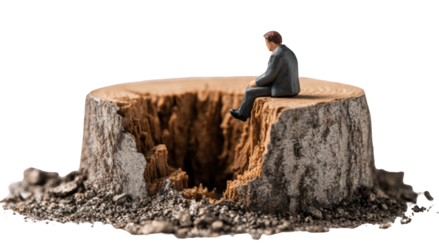 Miniature businessman sits atop a fractured tree stump