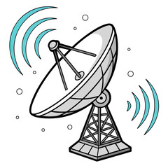 A modern satellite dish antenna receives a digital broadcast signal against a clear blue sky