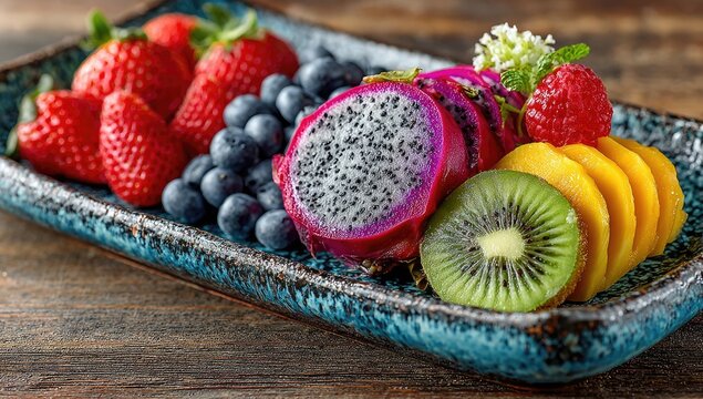 Colorful fruit platter on teal plate