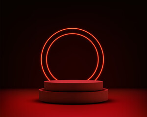 podium stage platform with glowing neon ring minimalist red 3d circular showcase background modern abstract product display design studio luxury template exhibition concept