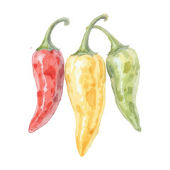 Vibrant watercolor trio: red, yellow, and green chili peppers, beautifully hand-painted on white.