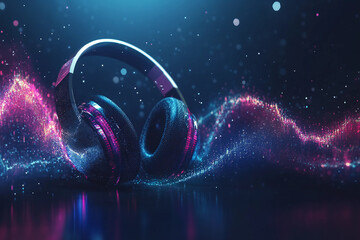 Generative AI sound waves visualized with glowing energy lines around speaker headphones mic representing music equipment