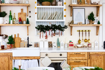 Festive kitchen decor featuring wooden shelves and holiday accessories in a cozy home atmosphere