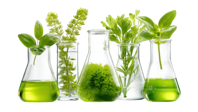 Clear glass flasks filled with vibrant green liquids and herbs