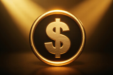 Golden Dollar Coin Symbolizing Wealth and Prosperity on a Dark Background with a Spotlight Illuminating Financial Success