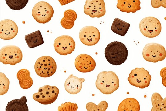 Colorful collection of smiley face cookies and snacks in seamless vector style on white background perfect for child-friendly bakery promotions and educational food illustrations