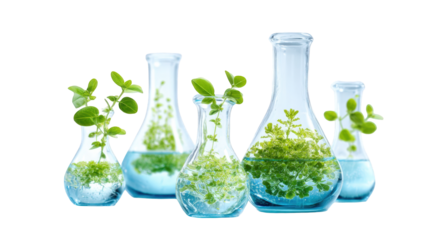 Transparent beakers with plants
