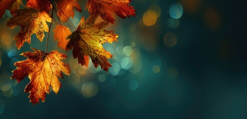 Autumn leaves on a branch against a teal background with bokeh