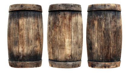Obraz premium Three weathered wooden barrels