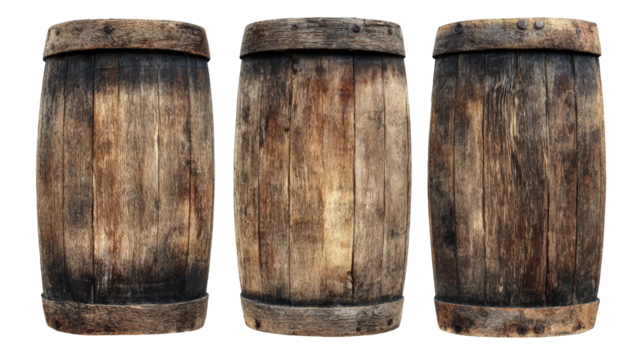 Three weathered wooden barrels