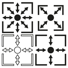 Expansion and contraction icons. Black vector graphic symbols. Directional arrow illustration. Geometric motion concept.