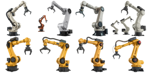 Industrial robotic arms with grippers isolated on a transparent background automation technology