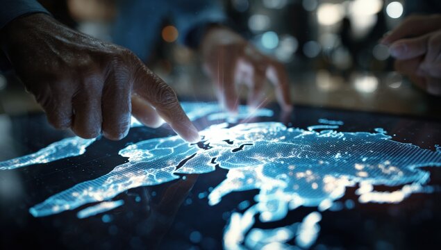 Hands interacting with a digital world map