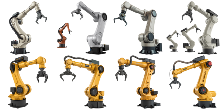 Industrial robotic arms with grippers isolated on a transparent background automation technology