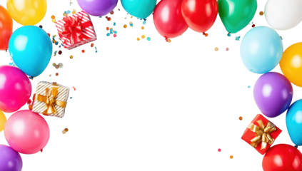 Colorful balloons and gifts form a festive border against a black background