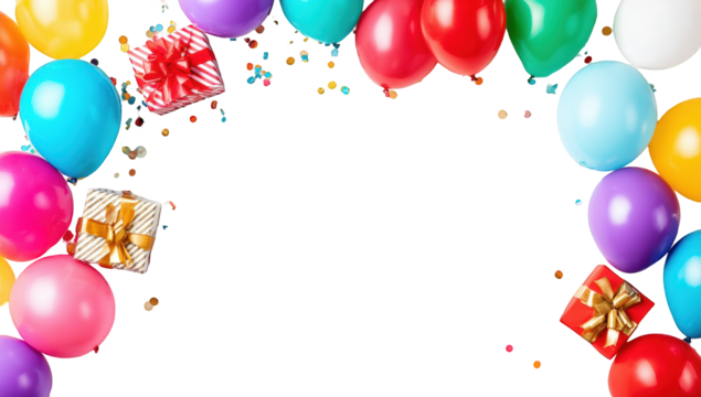 Colorful balloons and gifts form a festive border against a black background
