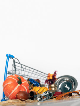Plumbing Thanksgiving Scene with Shopping Cart and Tools on White Background