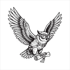 Fototapeta premium Vector art of vintage steampunk owl with goggles and scroll