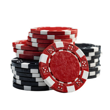 Stacks of red and black poker chips on a white or trnsparent background