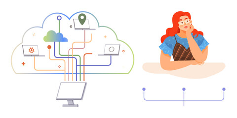 Woman thinking next to cloud data system connecting computers, laptops, and location pins with cables. Ideal for technology, innovation, connectivity, brainstorming, decision-making, cloud computing