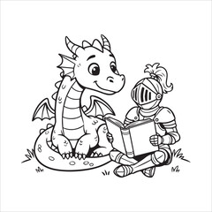 Vector art of a cute cartoon dragon and a knight are reading a book