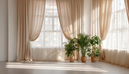 Fototapeta premium A sun-drenched room with sheer curtains and potted plants