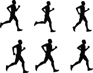 Black silhouette running person vector set, athletic sprint poses, sports training motion illustration, fitness exercise concept, multi‑view runner stride and dynamic movement scenes