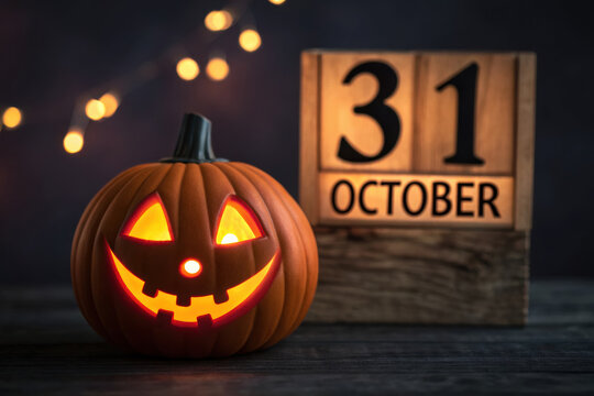 Halloween Pumpkin with October 31 Calendar Displaying Festive Holiday Date on Dark Background with Bokeh Lights