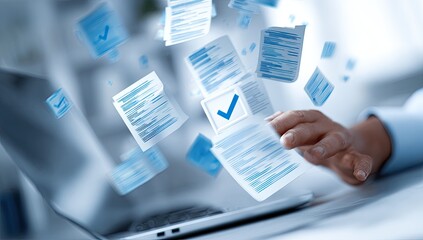 Floating documents, checkmarks, and hand over laptop