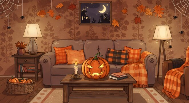 Cozy Halloween Living Room Decor Autumn Pumpkin Spiders Night