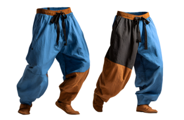 Blue joggers with brown waistband, black drawstring n white background. Left jgger slightly ahead of rigt one, facing direction. Mvement, direction created y positioning. Blue pants ith brown
