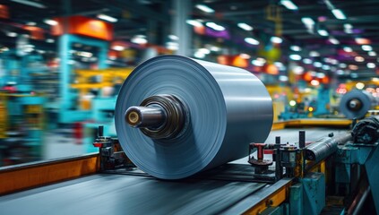 Fototapeta premium Steel roll on a conveyor belt in a factory