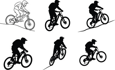 mountain bike rider line drawing and silhouettes, extreme sport cycling poses, uphill and downhill action, helmet safety gear, flat cad vector illustration set
