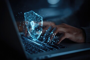 Hands typing on laptop, digital shield overlay