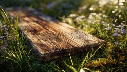 Obraz premium A weathered wooden plank rests amidst wildflowers and grass in a sunlit meadow