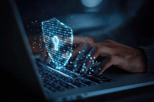 Hands typing on laptop, digital shield overlay