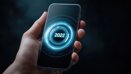 Hand holding phone, 2022 digital display