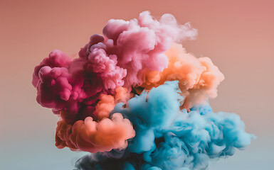 Fototapeta premium Vibrant clouds of pink, orange, and blue smoke swirl against a soft peach background, creating a dreamy, artistic, and ethereal visual effect.